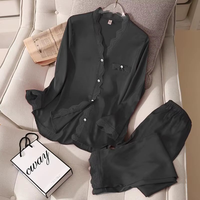 Casual Pajamas Set Satin Sexy Women 2 Piece Sleepwear Silky Pyjamas Loungewear Solid Nightwear Spring New Bathrobe Shirt&Pants