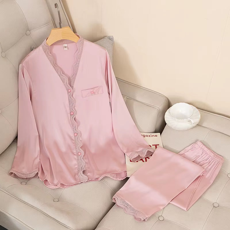 Casual Pajamas Set Satin Sexy Women 2 Piece Sleepwear Silky Pyjamas Loungewear Solid Nightwear Spring New Bathrobe Shirt&Pants